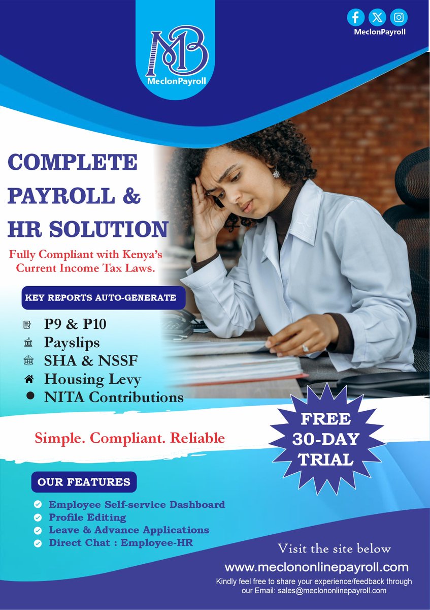 iwork_freelance's tweet photo. @ahmednasirlaw Meclon Payroll – Smart Payroll &amp; HR, Anywhere in Kenya!

Simplify your payroll with Meclon — a powerful, all-in-one system fully compliant with Kenyan tax laws.

https://t.co/jjTSNbx35O https://t.co/n19CDpcaSj