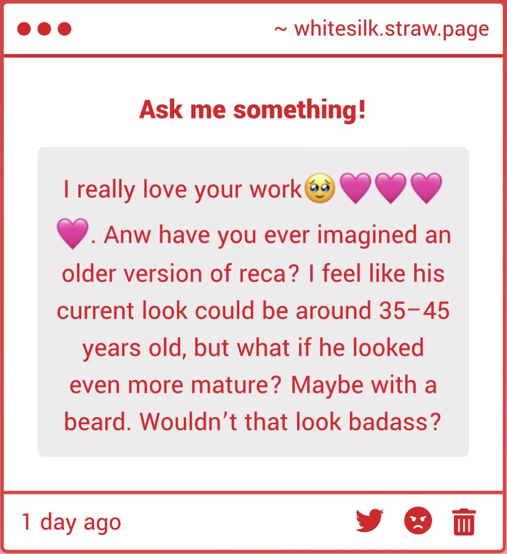 your_whitesilk's tweet image. Thank you 💕 I think Reca is the kind of guy who shows up with a pencil moustache one day randomly and gives everyone a heart attack
