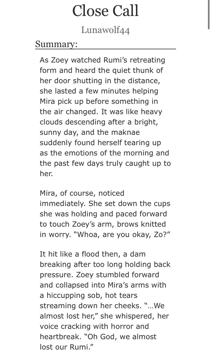 Lunawolf442's tweet image. #KpopDemonHunters 

Wrote a short fic about the aftermath Zoey and Mira finding out about Rumi’s encounter with Celine, with some hints of polytrix flair thrown in. Up on Ao3  now for those interested :D

archiveofourown.org/works/68227121