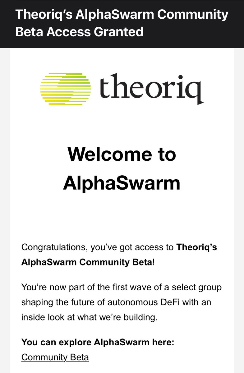 rocketinspirit's tweet image. Just got access to @TheoriqAI AlphaSwarm Beta through @KaitoA, I&apos;ll be testing it out over the week. 

Getting first hand experience of what autonomous defi feels like is exciting! 

If you&apos;ve already started testing, how have you found it?