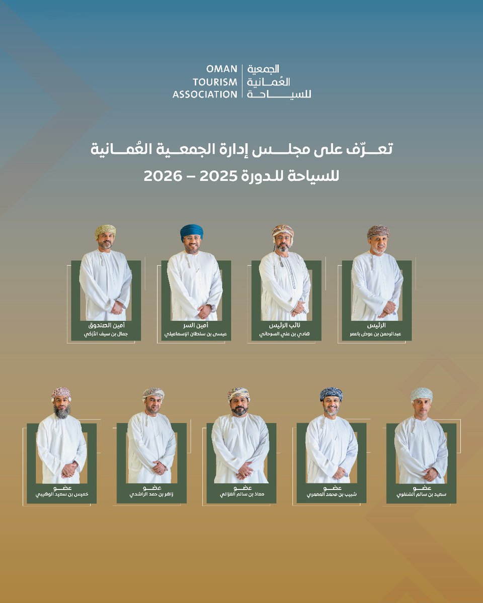 Oman_OTA's tweet photo. نفخر بالإعلان عن تشكيل مجلس إدارة الجمعية العُمانية للسياحة، الذي سيقود جهود تطوير قطاع السياحة في السلطنة وفق رؤية عُمان 2040، بعد إشهار الجمعية رسميًا بموجب القرار الوزاري 397/2024. معًا نحو منظومة سياحية مهنية ومستدامة 🇴🇲
#الجمعية_العمانية_للسياحة #القطاع_السياحي https://t.co/nXSYhr5Zdm