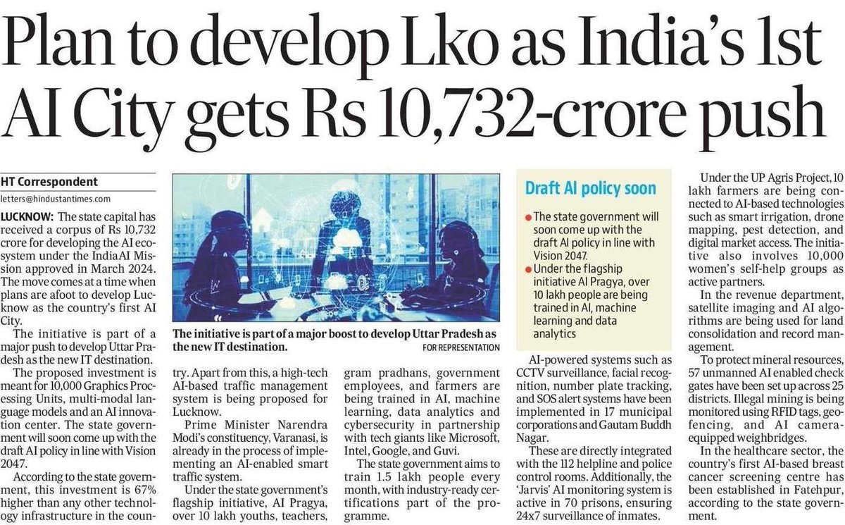 AwasthiAwanishK's tweet image. Under the visionary leadership of Shri @myogiadityanath Ji, Lucknow is set to become India’s 1st AI City with a ₹10,732 Cr boost!
From innovation hubs to 10L+ trained professionals this is a giant leap toward a tech-powered future.
#AICityLucknow #DigitalUP #ViksitBharat…