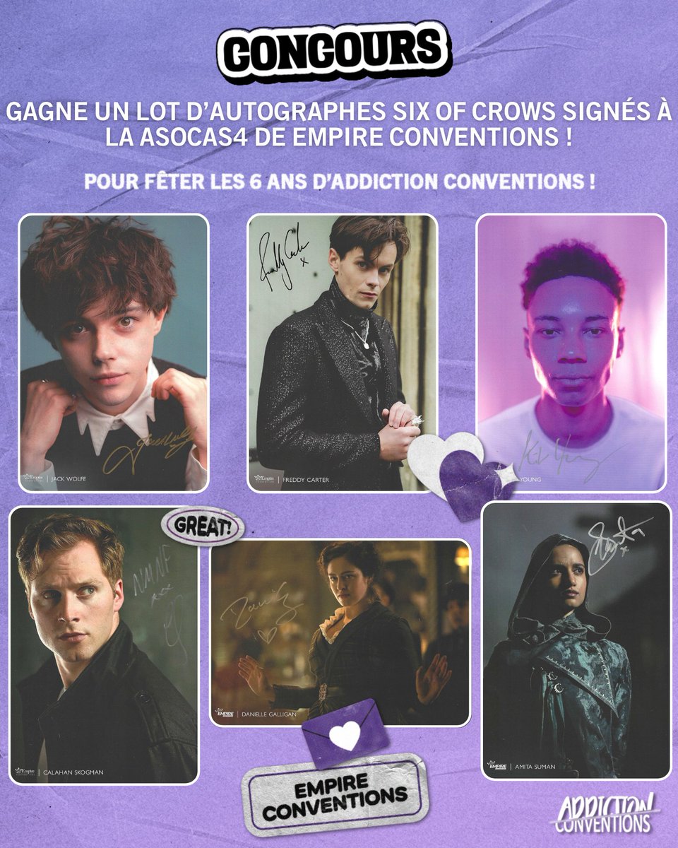 AddictionConv's tweet image. J1 #Giveaway

Tente de remporter un lot d'autographes signés par Jack Wolfe, Freddy Carter, Kit Young, Calahan Skogman, Danielle Galligan et Amita Suman à la #ASOCAS4 de @EmpireConv  ! #SixOfCrows #ShadowAndBone

- Follow @EmpireConv et @addictionconv
- RT ce tweet

TAS le 3/8
A…