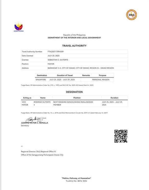 DeusXMachina14's tweet image. Baste Duterte posted his Travel Authority for his Singapore trip signed by Jonvic Remulla.