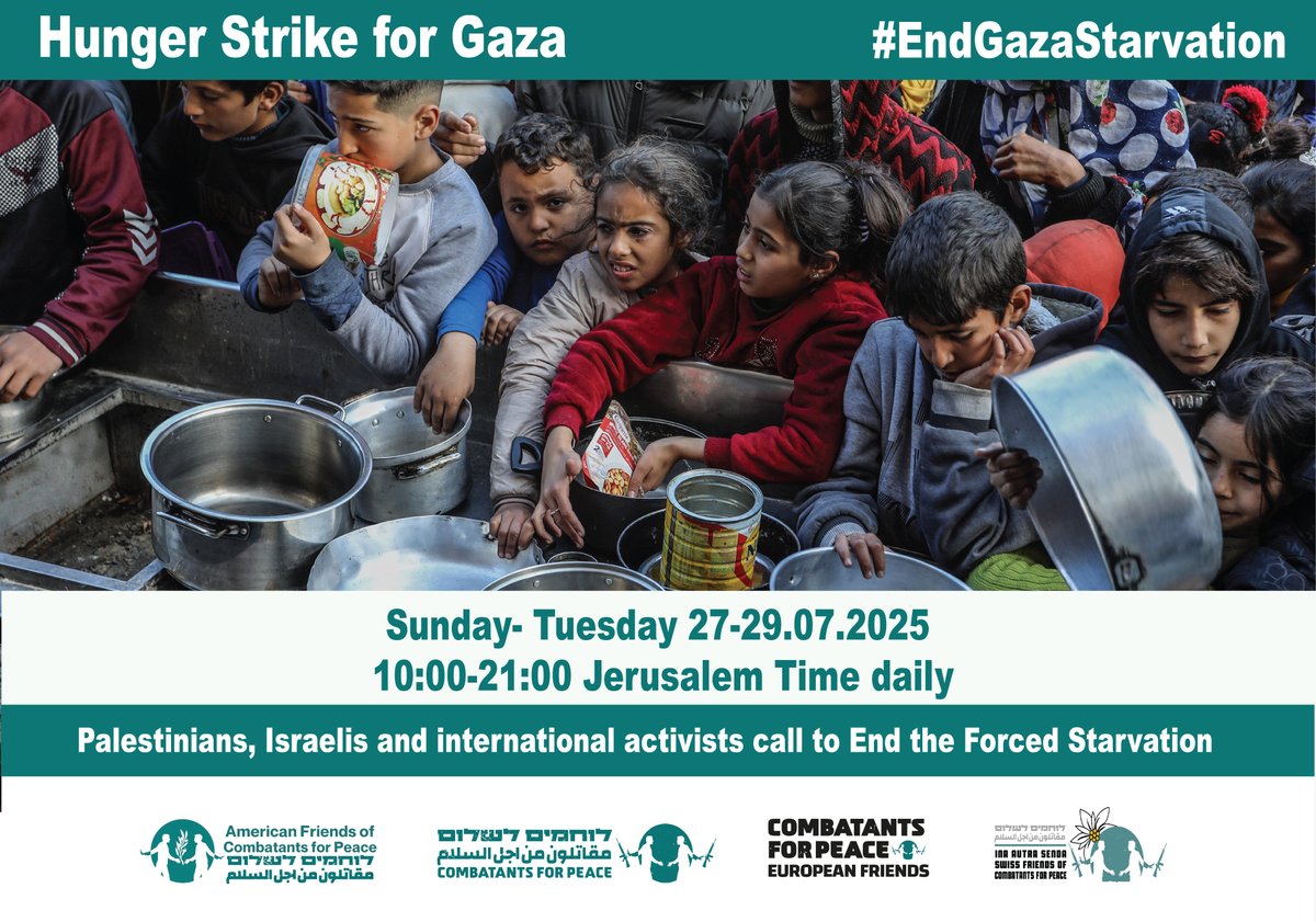 cfpeace's tweet image. 27-29.7.25 Hunger Strike for Gaza
Join from wherever you are in the world 🌎
Register - forms.gle/NAv6ZEMusPSad4…
The strike will take place in Beit Jala, at the same time as the hunger strike initiated by the Supreme Coordinating Committee of the 48' Palestinians in Jaffa.