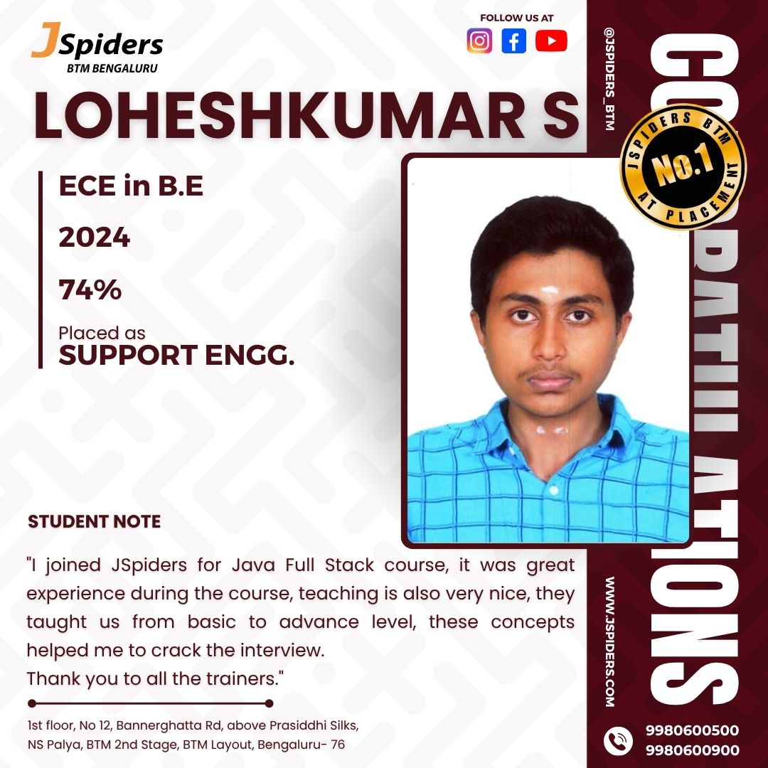 QSpiders_BTM_'s tweet image. Congratulations to Lohesh Kumar S from M.Kumarasamy College of Engineering, Autonomous, for successfully getting placed as a Support Engineer! 🎉 Your dedication and consistent efforts have truly paid off. Coming from an ECE background

#JspidersBTM #SupportEngineer #ECEGraduate