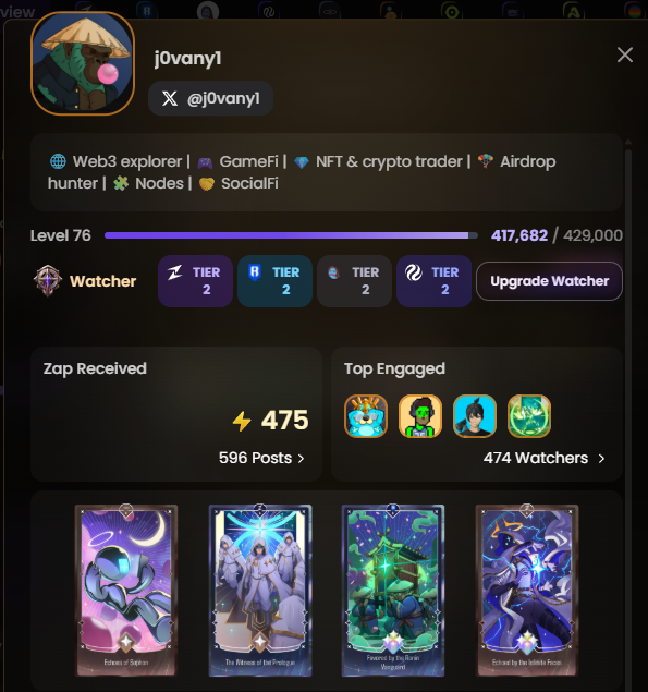 j0vany1's tweet image. Right now, @zentry cards are given based on your Watcher tier and how many zaps you've collected But there are no cards yet for what level you’ve reached on Zentry. It would be great to see new cards introduced that reward your Zentry level as well #NexusCardHunt