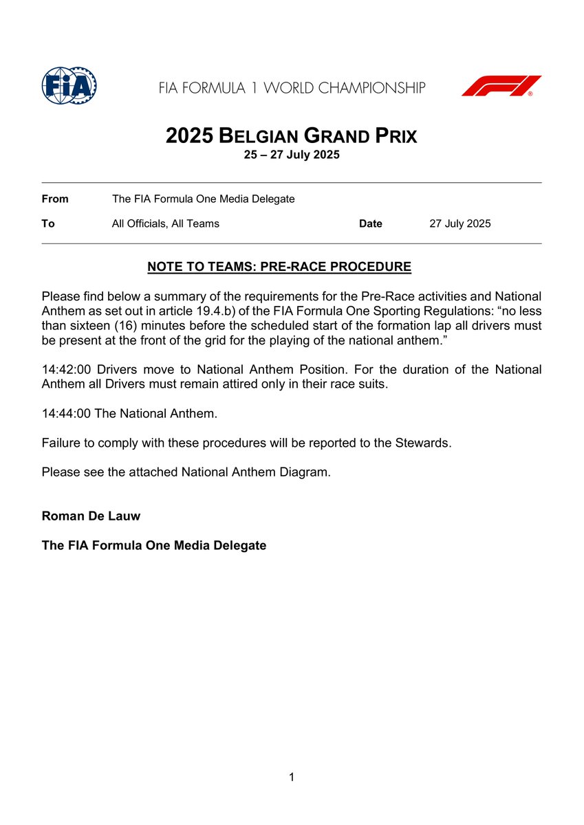 fiadocsbot's tweet image. New document: Doc 53 - Pre-Race Procedure
Published on 27.07.25 09:32 CET
fia.com/system/files/d…
#F1 #Formula1 #FIA #BelgianGP 🇧🇪