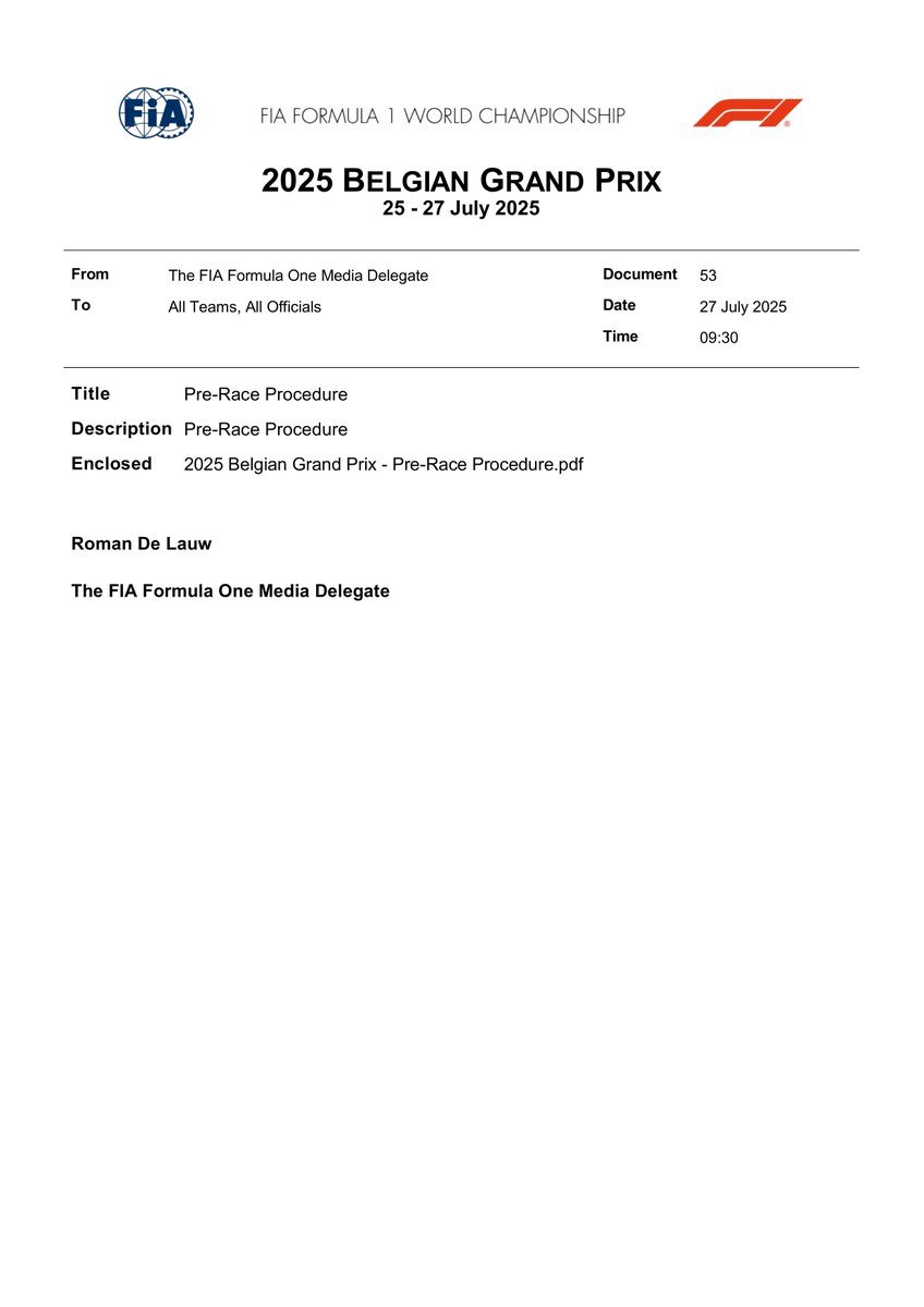 fiadocsbot's tweet image. New document: Doc 53 - Pre-Race Procedure
Published on 27.07.25 09:32 CET
fia.com/system/files/d…
#F1 #Formula1 #FIA #BelgianGP 🇧🇪