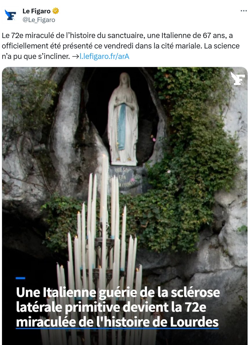 BigBangSciCom's tweet image. "La science n'a pu que s'incliner" 😱😅Donc, pour les millions de visiteurs qui sont venus en pèlerinage et qui n'ont pas guéri, on pourrait dire "La religion n'a pu que s'incliner" ? Sacré @Le_Figaro !