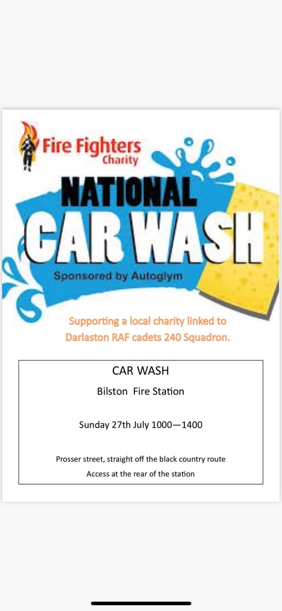 Join us Today at Bilston Fire Station with White Watch for our charity car wash. 10am - 2pm.