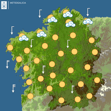 Depucoruna's tweet image. #FelizDomingo
🌤️ Hoxe haberá máis nubes na metade norte, sen descartar algún orballo no litoral. Pola tarde, ceo despexado agás no litoral norte. As temperaturas quedarán sen cambios significativos e os ventos soprarán frouxos de compoñente norte.
@MeteoGalicia