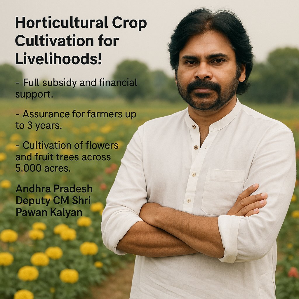 venkat_110's tweet image. Empowering Farmers through Horticulture! 🌱🌸
• 5,000 acres of flower & fruit cultivation underway.
• 3-year support & full subsidy for livelihoods.
Led by Andhra Pradesh Deputy CM Shri @PawanKalyan
#PawanKalyanAneNenu