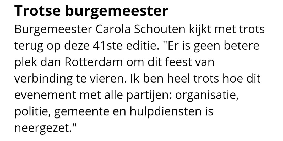Volgens de <a href="/POL_Rotterdam/">Politie Eenheid Rotterdam eo</a> is het #zomercarnaval rustig verlopen. Burgemeester <a href="/carolaschouten/">Carola Schouten</a> is zelf trots.

Feiten: 3 wapens en meerdere grote messen in beslag genomen.

Zie hier het zoveelste bewijs dat de politie en burgemeesters krankzinnig radicaal extreemlinks zijn.