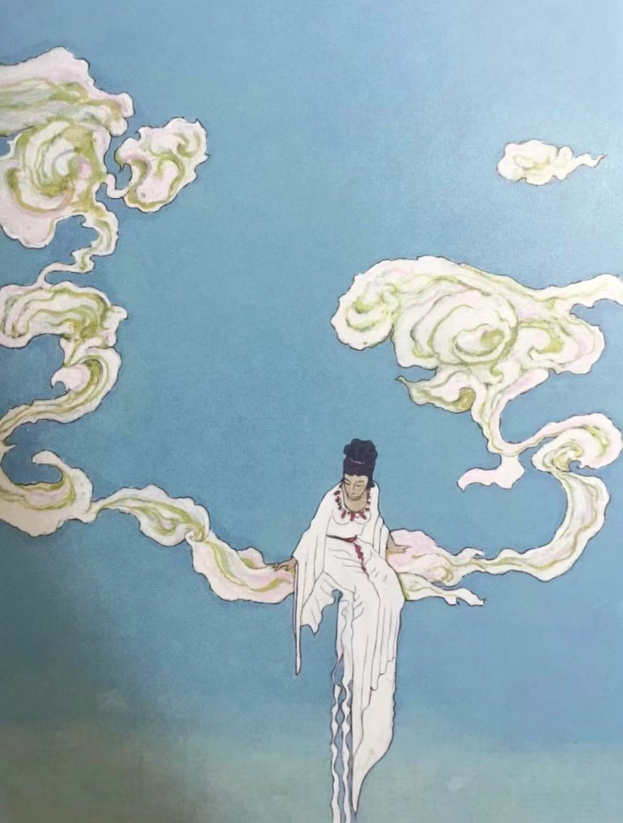 This painting by Chinese artist奚阿興 portrays Nuwa, the creator of humanity,sits on a cloud bridge in the sky, overlooking the ground full of humans. She transforms into human form,dressed in a long white robe, like an elegant queen who traverses back from future time and space.