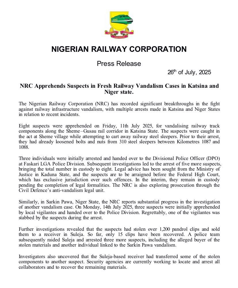 DrKayodeOpeifa's tweet image. The Nigerian Railway Corporation (NRC) Apprehends Suspects in Fresh Railway Vandalism Cases in Katsina and Niger state.