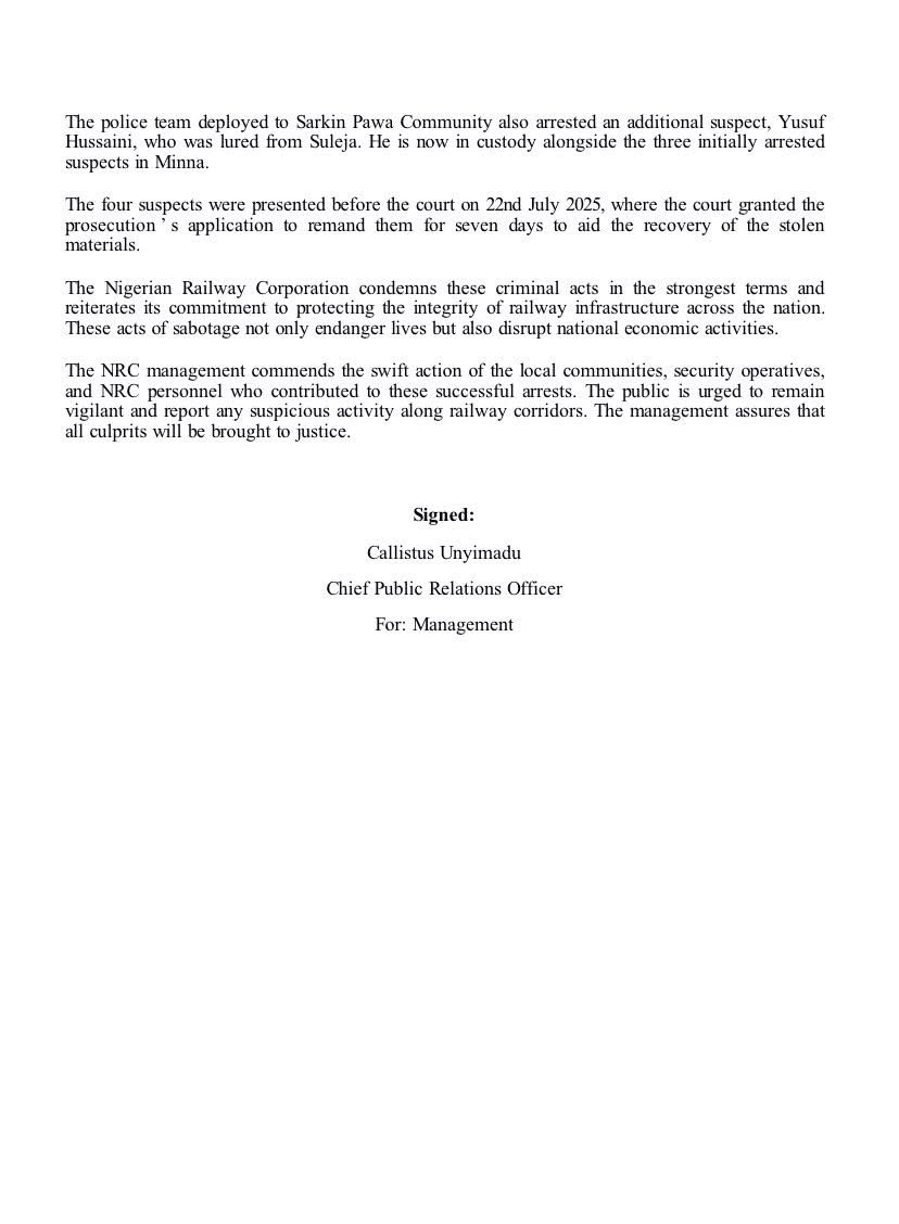 DrKayodeOpeifa's tweet image. The Nigerian Railway Corporation (NRC) Apprehends Suspects in Fresh Railway Vandalism Cases in Katsina and Niger state.