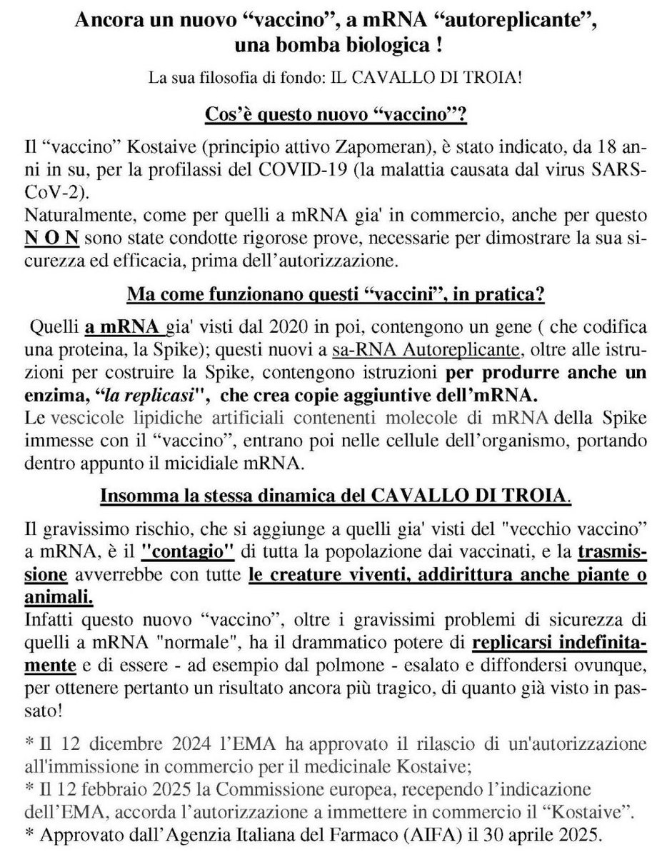 A #Torino #OGGI domenica #27Luglio 2025 alle 18 ci sono anch'io in #Piazza Castello alla 4°

COMMEMORAZIONE
del Dott. Giuseppe #DeDonno

con interventi di medici qualificati, che tra il resto parlano del pericoloso nuovo "#VACCINO" anti-#covid19 #KOSTAIVE ad #mRNA autoreplicante.