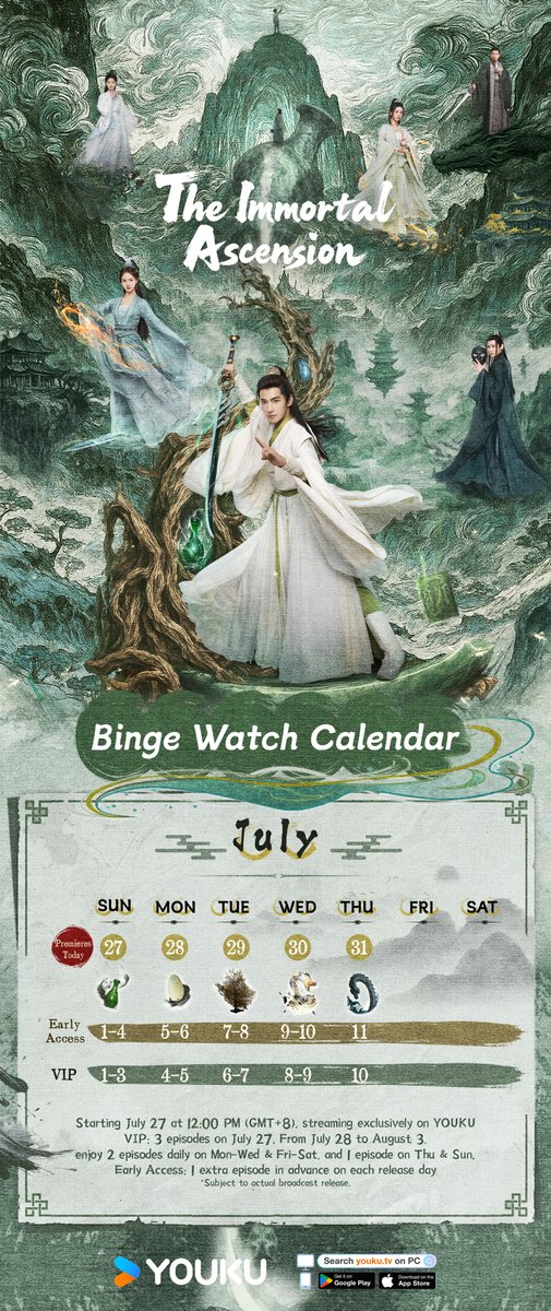 YoukuOfficial's tweet image. #TheImmortalAscension Binge-watch calendar is here!
The journey of cultivation is about to begin. Calling all cultivators to join the adventure! Premiering exclusively on YOUKU starting July 27 at 12:00 PM (GMT+8).
#YangYang #JinChen #WangDuo #ZhaoXiaotang #ZhaoQing #LiNaiwen…