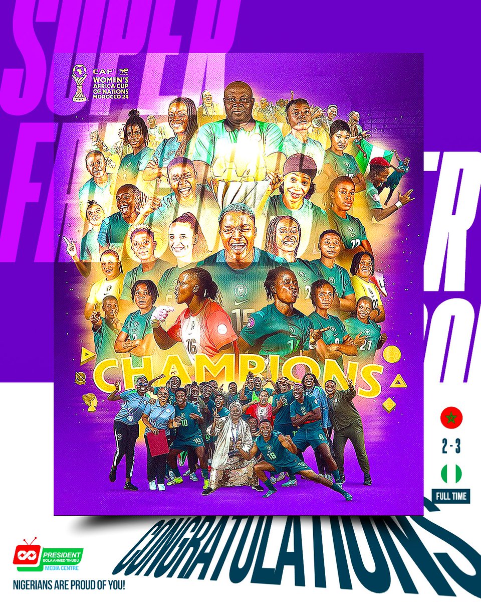 FortunateAyoade's tweet image. CONGRATULATIONS TO THE SUPER FALCONS ON WAFCON VICTORY
The Super Falcons spectacular performance yesternite in Rabat, coming from behind to beat a spirited Moroccan side playing in front of a passionate home crowd, exemplifies the determination that defines the Nigerian spirit.
