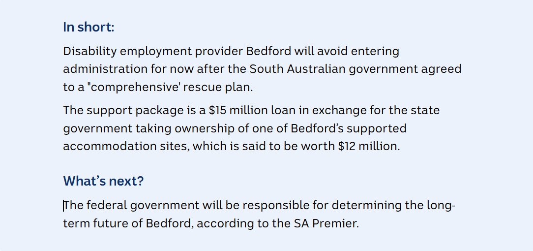 MisinfoFact's tweet image. Disability employment provider Bedford will avoid entering voluntary administration for now, with the state government offering a $15 million lifeline to the organisation.
#auspol #Sapol
abc.net.au/news/2025-07-2…