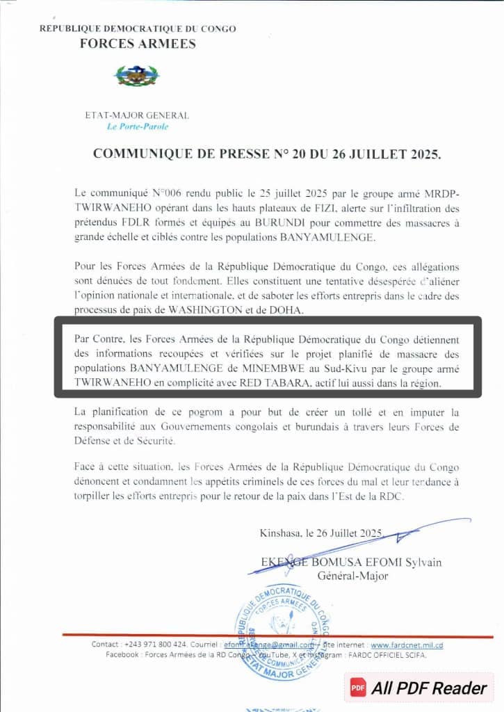 #MINEMBWE_SK_RDC:

Depuis le 17 juillet 2025, une nouvelle phase d’escalade militaire est en cours dans les hauts et moyens plateaux du Sud-Kivu, caractérisée par des attaques systématiques contre les villages banyamulenge. Ces offensives sont conduites conjointement par les