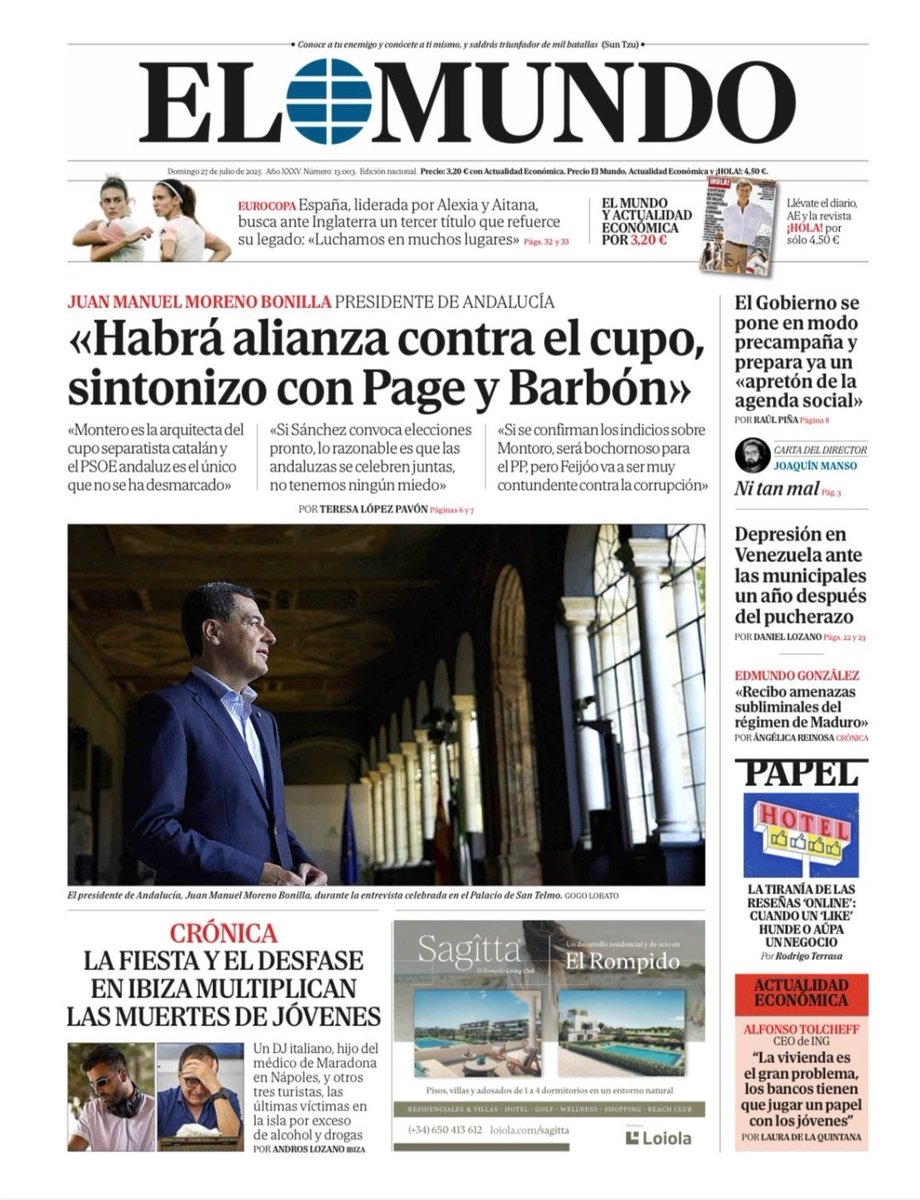 La portada del periódico El Mundo hoy domingo, 27 de julio
