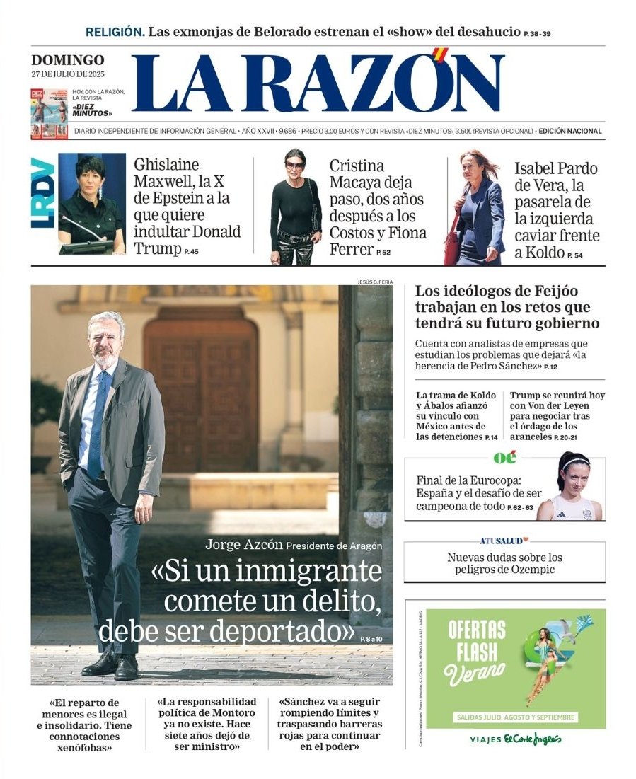La portada del periódico La Razón hoy domingo, 27 de julio