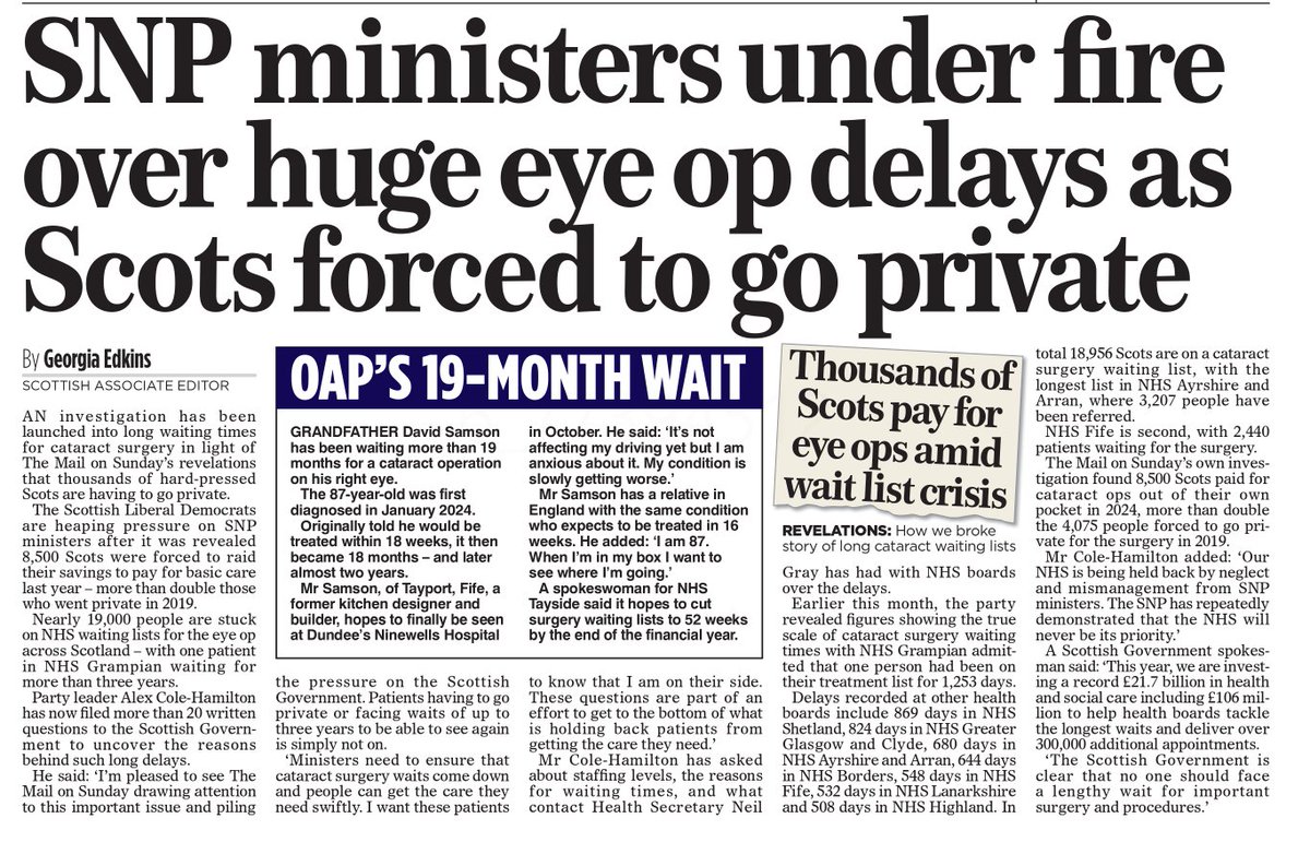 Agent P (@agentp22) on Twitter photo The NHS is in crisis.
Nearly 19,000 Scots stuck on eye op waiting lists.
 8,500 paid privately in 2024 – double 2019.
One patient waited 3 YEARS for cataract surgery.
Broken promises.
Broken system.
Broken by the SNP. The NHS is in crisis.
Nearly 19,000 Scots stuck on eye op waiting lists.
 8,500 paid privately in 2024 – double 2019.
One patient waited 3 YEARS for cataract surgery.
Broken promises.
Broken system.
Broken by the SNP.