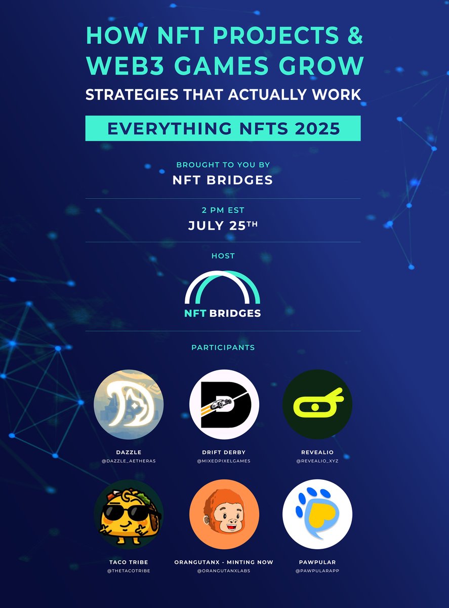 🎙️ LIVE AMA – Growth Strategies for NFTs &amp; Web3 Games

This Tuesday at 2PM EST, @NFTB_ridges is hosting a 🔥 Twitter Space with 5 amazing projects who are mastering the art of Web3 growth.

📍 x.com/i/spaces/1mnxe…
🗓️ Tuesday, July 29
⏰ 2PM EST
Guest Projects:
✨ Dazzle