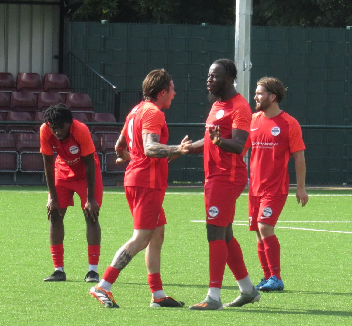 thecoldend's tweet image. Two of the best players on the pitch celebrate after the final whistle. Two goal hero Jordan Brown and defender Andrew Osei-Bonsu - The former @MKDonsFC, @WealdstoneFC and @larnefc player had a brilliant game marshaling the back four for @ArleseyTownFC at @AFC_Welwyn.