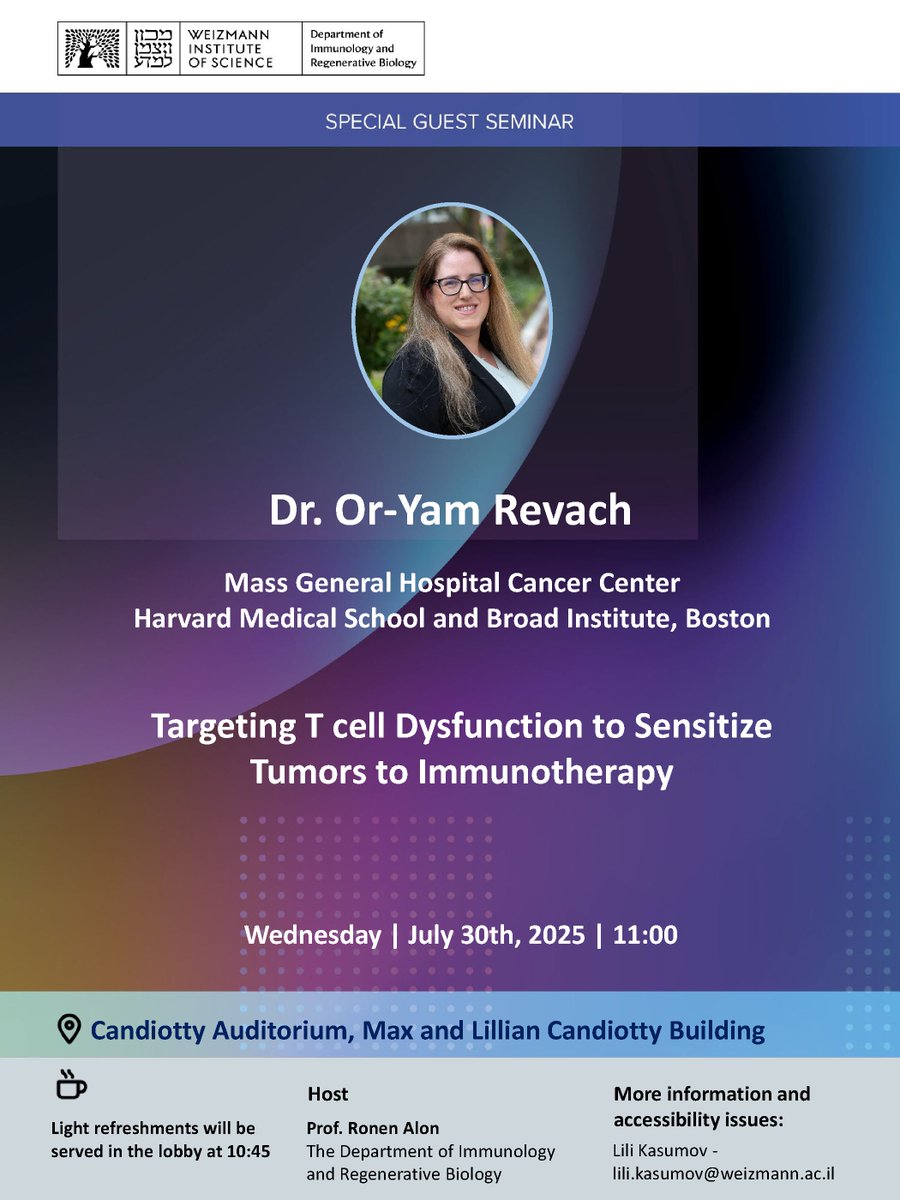IRB_Department's tweet image. Dr. Or-Yam Revach will present a guest seminar on the topic:

Targeting T Cell Dysfunction to Sensitize Tumors to Immunotherapy

July 30th at 11:00 - Candiotty Auditorium