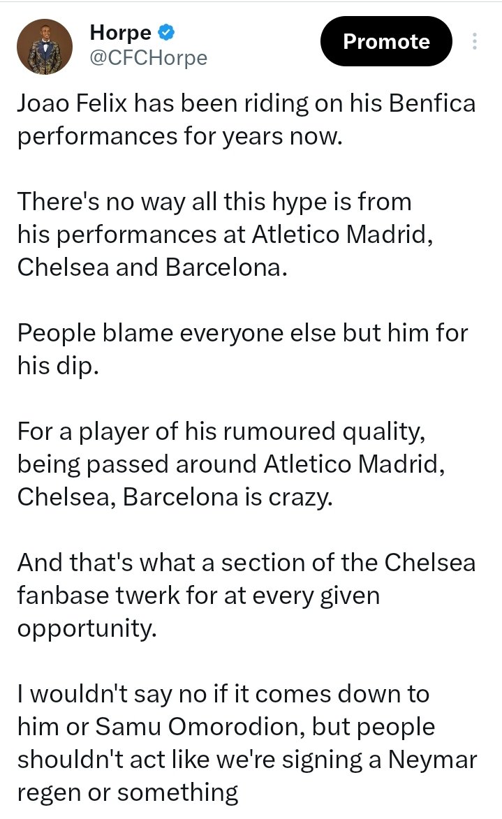 CFCHorpe's tweet image. I supported Joao Felix as much as I could whilst he was a Chelsea player but I always had my reservations about him before his signing — But ofcourse I was called an hater for it.

Now it&apos;s clear as daylight for all to see.

Good riddance to him to Saudi or wherever he&apos;s headed.