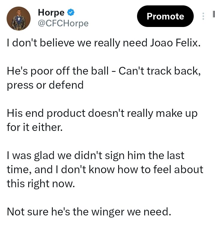 CFCHorpe's tweet image. I supported Joao Felix as much as I could whilst he was a Chelsea player but I always had my reservations about him before his signing — But ofcourse I was called an hater for it.

Now it&apos;s clear as daylight for all to see.

Good riddance to him to Saudi or wherever he&apos;s headed.