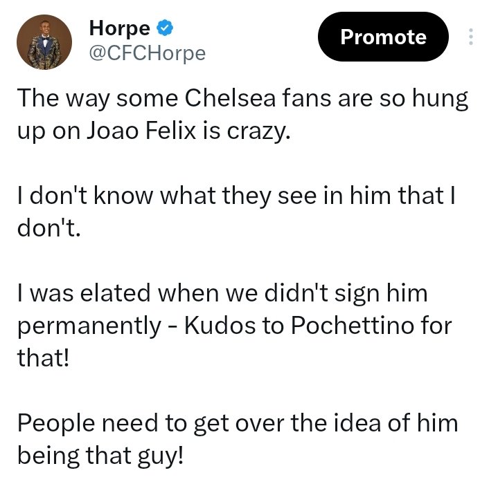 CFCHorpe's tweet image. I supported Joao Felix as much as I could whilst he was a Chelsea player but I always had my reservations about him before his signing — But ofcourse I was called an hater for it.

Now it&apos;s clear as daylight for all to see.

Good riddance to him to Saudi or wherever he&apos;s headed.