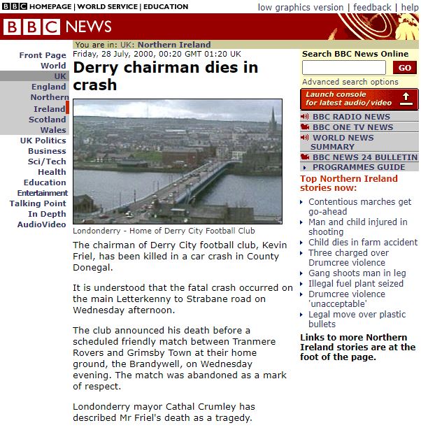 onthisGTFCday's tweet image. 27th July 2000 - Grimsby Town's game against Tranmere at The Brandywell in the final of the Derry City Cup is abandoned after 19 minutes as news reaches the ground of the death in a car accident of @derrycityfc Chairman Kevin Friel earlier in the day. RIP #GTFC #TRFC #RAWA28