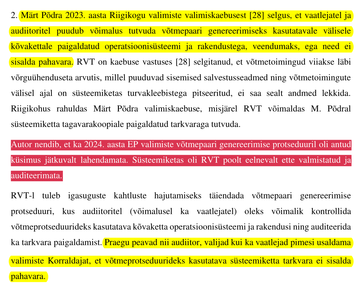 <a href="/FinSoftAlvar/">Alvar Soome</a> <a href="/JJalgratas/">Jaan Jalgratas</a> <a href="/madis_l/">Madis Lobjakas</a> "Märt Põdra #rk2023 valimiskaebusest selgus, et vaatlejatel ja audiitoritel puudub võimalus tutvuda võtmepaari genereerimiseks kasutatavale välisele kõvakettale paigaldatud operatsioonisüsteemi ja rakendustega, veendumaks, ega need ei sisalda pahavara." thesis.cs.ut.ee/4911e8d3-d44c-…