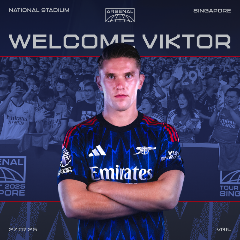 Arsenal's tweet photo. Viktor Gyökeres will be in the house to watch his new teammates at Singapore National Stadium 🏠

Gooners, let’s give him a big welcome 🤍

Buy your tickets now or watch at home on https://t.co/4KJlfKWFh1 📺