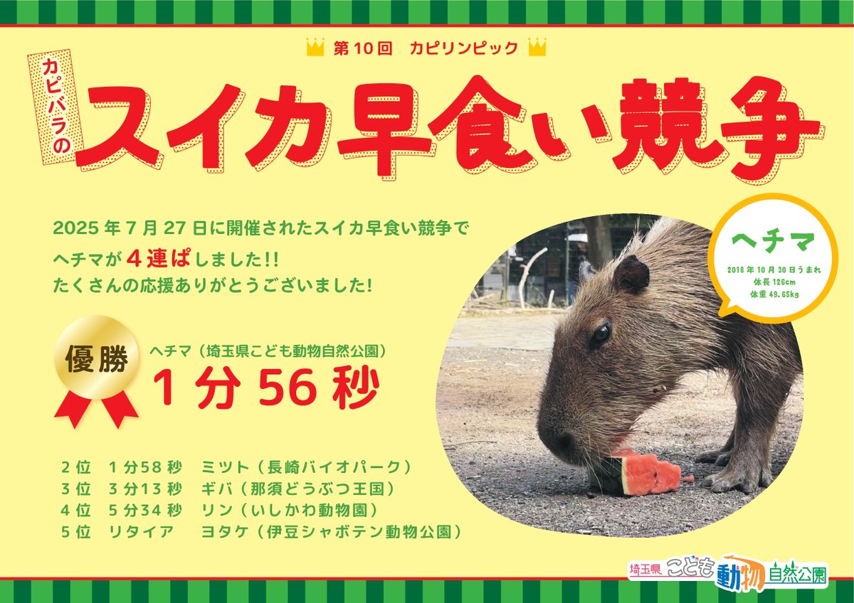 第10回カピバラのスイカ早食い競争の結果はこちら！ 当園から出場した