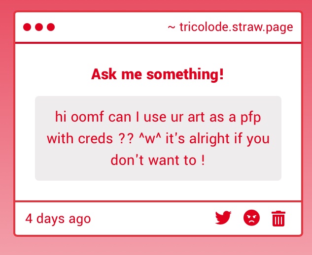 tricolode's tweet image. HI!! I really don&apos;t mind anything like that, go for it if u want!