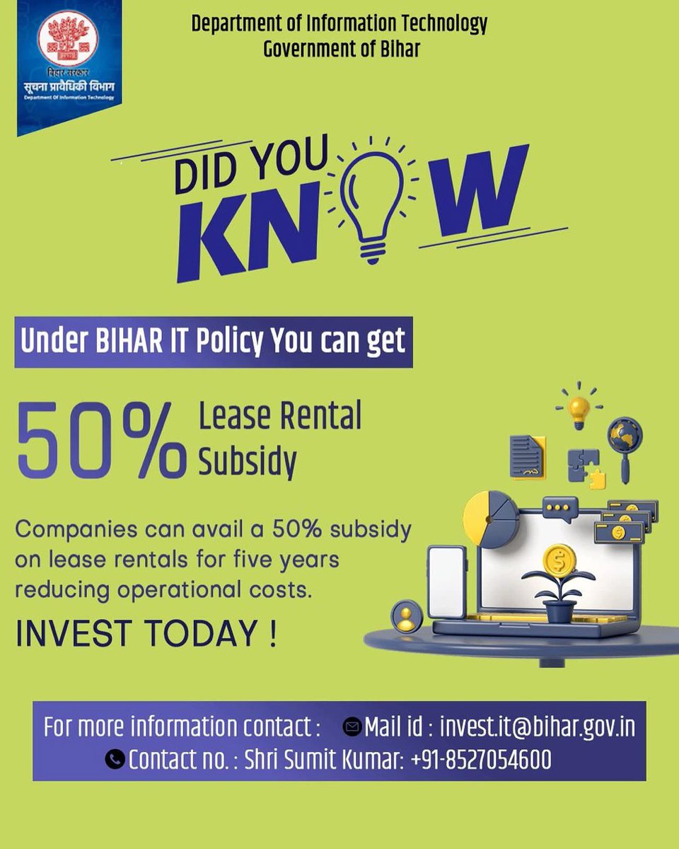 Cut down operational costs and boost your growth. 

For more information contact :
Mail id : invest.it@bihar.gov.in
Contact no. : Shri Sumit Kumar: +91-8527054600
Shri Jayant Yagnik: +91-9601012691

#BiharITPolicy #DigitalTransformation #InnovationInAction #Bihar #TechInnovation