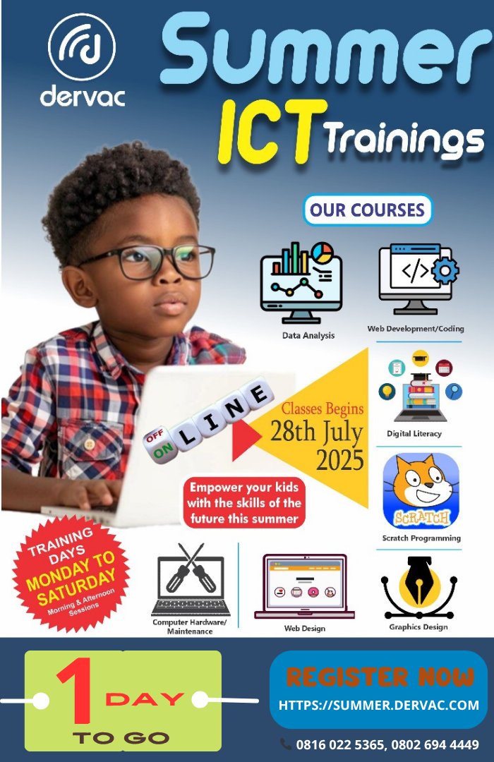 Dervachub's tweet photo. IT ALL BEGINS TOMORROW!
Summer ICT Bootcamp Kicks Off!

The wait is over—tomorrow, our door is open to the most exciting and transformative summer experience for kids and teens!

Register NOW: https://t.co/P1Vad1PLYe
---Online classes also available

0816 022 5365 | 0803 287 7945 https://t.co/ydIqS6gr6s