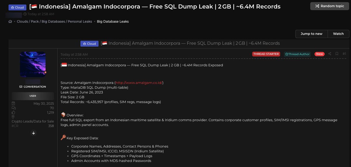 cyberfeeddigest's tweet image. 🚨 #Indonesia Maritime Comms Provider &quot;Amalgam Indocorpora&quot; Allegedly #Breached – 6.4M Records Leaked

A member of a #Darkweb forum claims to have leaked a 2GB MariaDB SQL dump from 🇮🇩 Amalgam Indocorpora
🌐 hxxp://www[.]amalgam[.]co[.]id/
🗓️ Leak Date: June 26, 2023
📦 Data:…