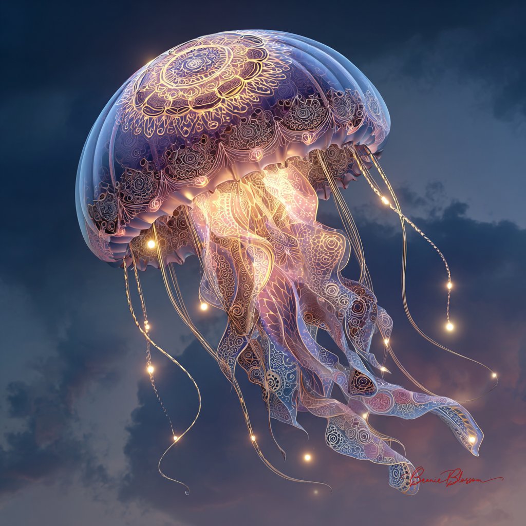 Beanie Blossom (@beanieblossom) on Twitter photo Prompt:  A majestic jellyfish floating through a twilight sea, its translucent bell adorned with intricate Zentangle patterns pulsing with soft light tendrils trailing glowing mandala shapes, surreal, hypnotic, and fluidly divine.
Feel free to join in :)
#AIArtWork #AIArt Prompt:  A majestic jellyfish floating through a twilight sea, its translucent bell adorned with intricate Zentangle patterns pulsing with soft light tendrils trailing glowing mandala shapes, surreal, hypnotic, and fluidly divine.
Feel free to join in :)
#AIArtWork #AIArt
