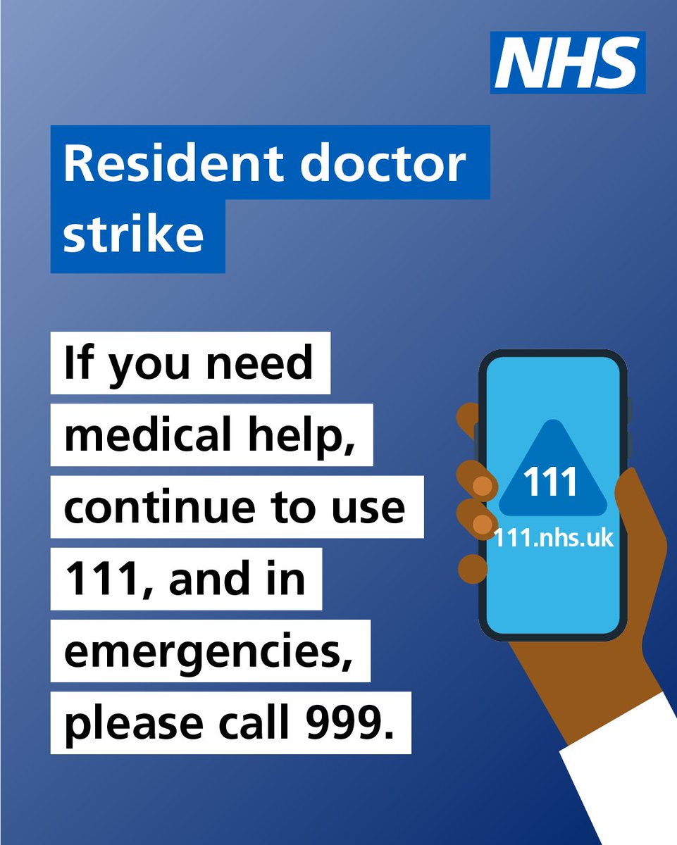 The walkout by resident doctors continues today until 7.00am Wednesday, 30 July. If you need medical help, continue to use 111, and in emergencies, please call 999.