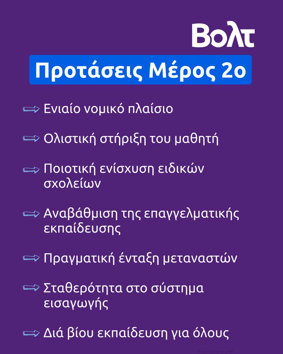📗Μέρος 2ο – Παιδεία για όλους, με συνέχεια και προοπτική. 

🧭Το Βολτ Ελλάδας προτείνει λύσεις που χτίζουν ένα δημόσιο εκπαιδευτικό σύστημα βιώσιμο, αποτελεσματικό και κοινωνικά δίκαιο. 

👉Η εκπαίδευση δεν τελειώνει στα 18, ούτε περιορίζεται στο Λύκειο.