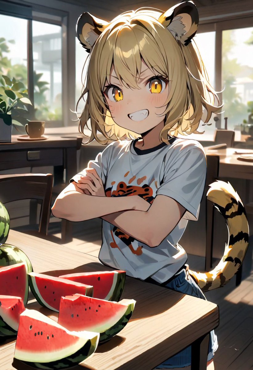 ai_silverbob's tweet image. #AIイラスト
「トラちゃん、その西瓜どうしたの!?」
「これ!? 近所のおっちゃんにもらった!!」
「…はぁ!?」
「西瓜の収穫を手伝ったんだよ!!」
「そしたらこの西瓜をもらったんだ!!」
「ふ〜ん、お手伝いねぇ」
「…な、なんだよ💦」
「トラちゃん、えらいえらい♪」
「…ちょ、頭撫でんなよ💦」