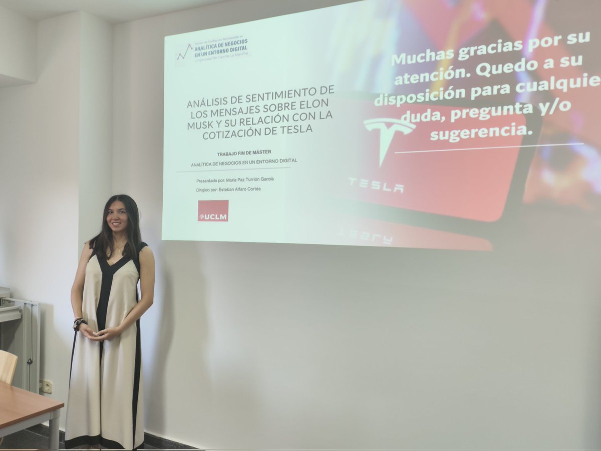 Mari Paz fue premio extraordinario de su promoción y decidió especializarse con #MANED. Ha tenido una 🔝experiencia en sus prácticas en <a href="/CADEENGINEERING/">CADE ENGINEERING</a>. En su TFM con redes neuronales plantea un análisis de sentimiento de los mensajes s/Elon Musk y su impacto en cotización Tesla