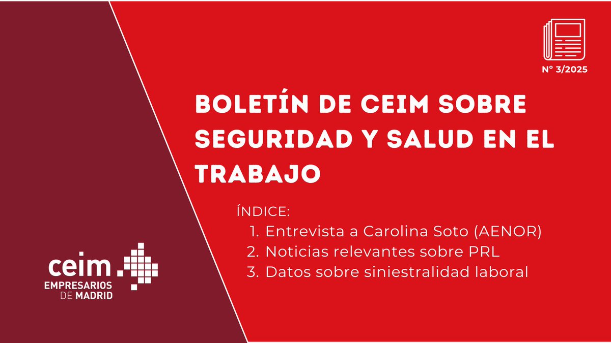_CEIM_'s tweet image. 🌟 ¡Nuevo boletín de #PRL CEIM!
📌 Entrevista a Carolina Soto (AENOR), noticias relevantes sobre PRL y datos clave.
➡️ En datos interanuales, la incidencia de la siniestralidad laboral ha bajado un
9,15% en la región, mientras que en el conjunto de España ha disminuido un…