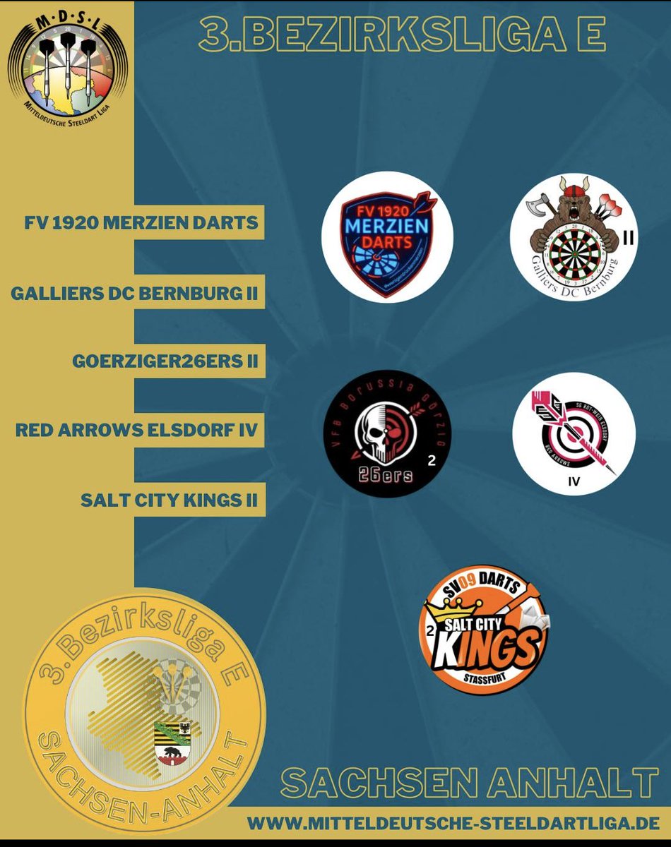 FV1920Merzien's tweet photo. Nun ist es offiziell wir starten diese Saison in der 3. Bezirksliga Staffel E Sachsen-Anhalt 

🔹 Staffel E
🔥 Merzien Darts
🔥 Galliers DC Bernburg II
🔥 Goerziger26ers II
🔥 Red Arrows Elsdorf IV
🔥 Salt City Kings II

Good Darts‼️

#wenigerdrückenmerzien🔴🔵
#MDSL #Steeldart https://t.co/FZAMNByYKc